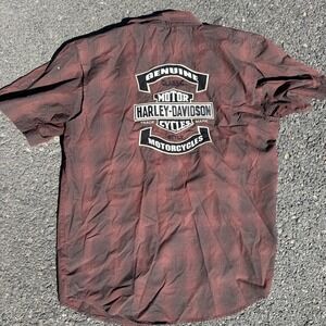 Harley Davidson Shirt Mens L Red Mechanical Embroidered Plaid 🔥 Back Graphic